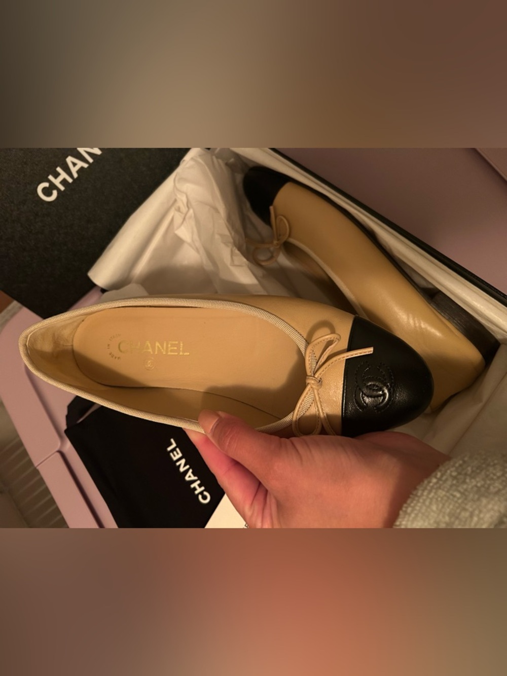 Chanel Lambskin Ballerinas in Beige & Black - Picture 8 of 8